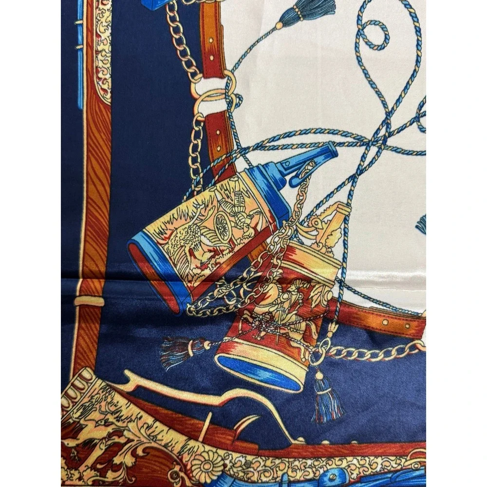 Equestrian Belt Chain Print‎ Square Scarf Navy Blue Red Silk Feeling Polyester